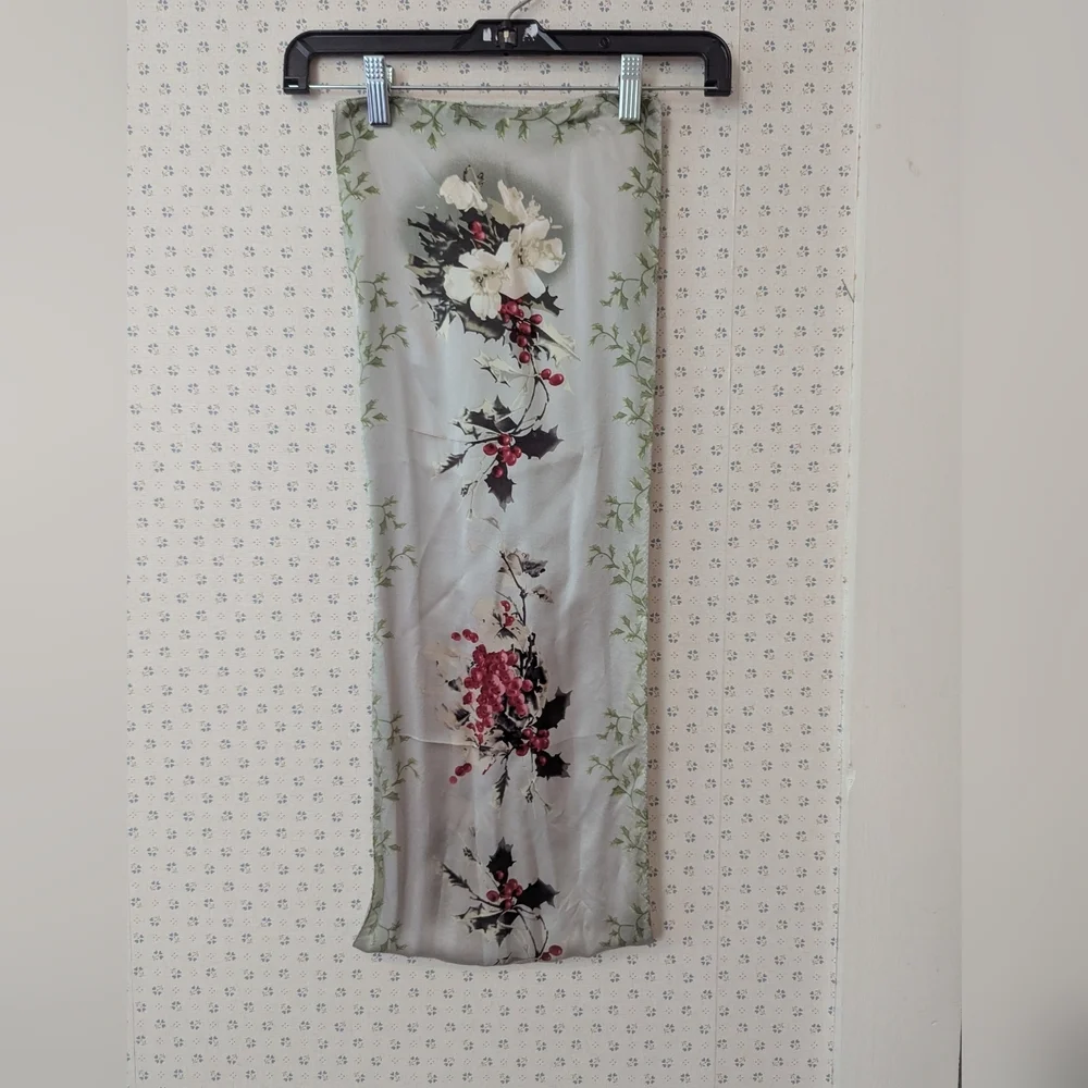 Vintage Silk Scarf Floral Holly Berry Christmas Fabric Holiday Silver Red Green